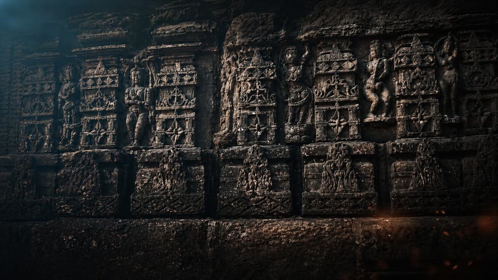 Ancient stone temple friezes with intricate carvings of deities